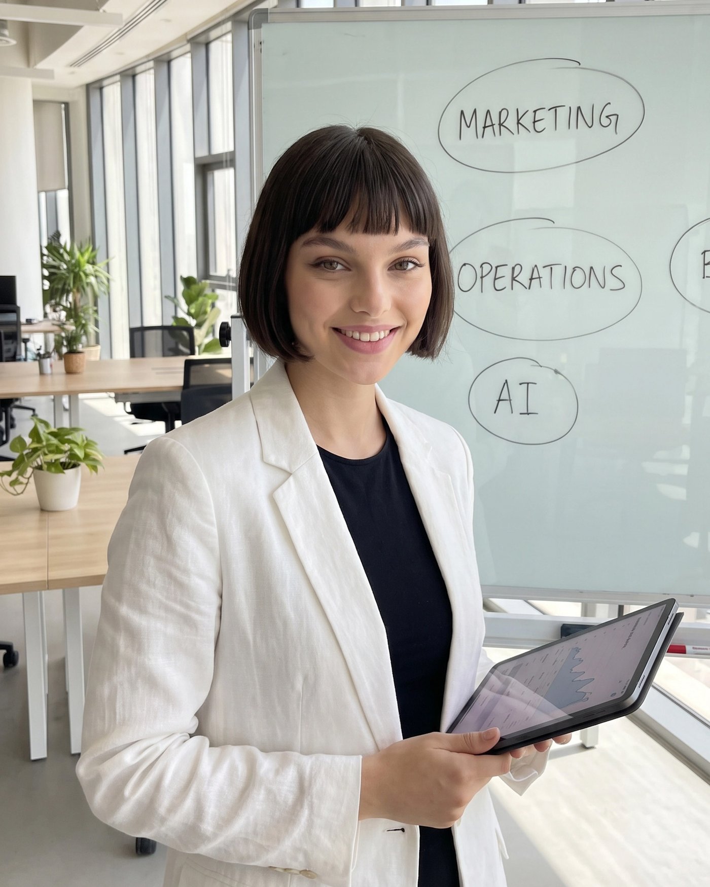 Microswift strategist mapping the Marketing, Operations, and AI growth system on a whiteboard for a small business client